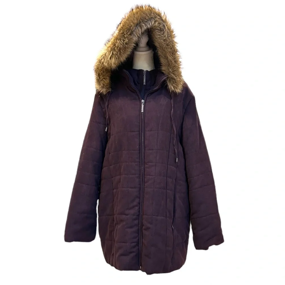 LIZ CLAIBORNE WOMAN, double zipper coat, detachable faux fur hood, plus size 1X